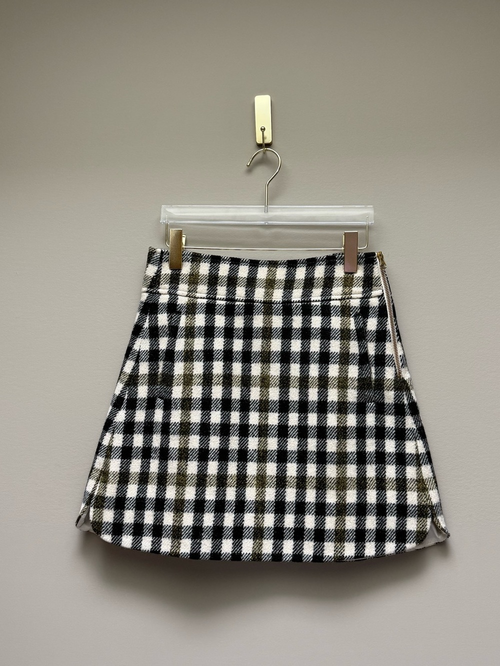 J.Crew 100% Wool Plaid A-Line Mini Skirt | Black Ivory Olive | Size 2